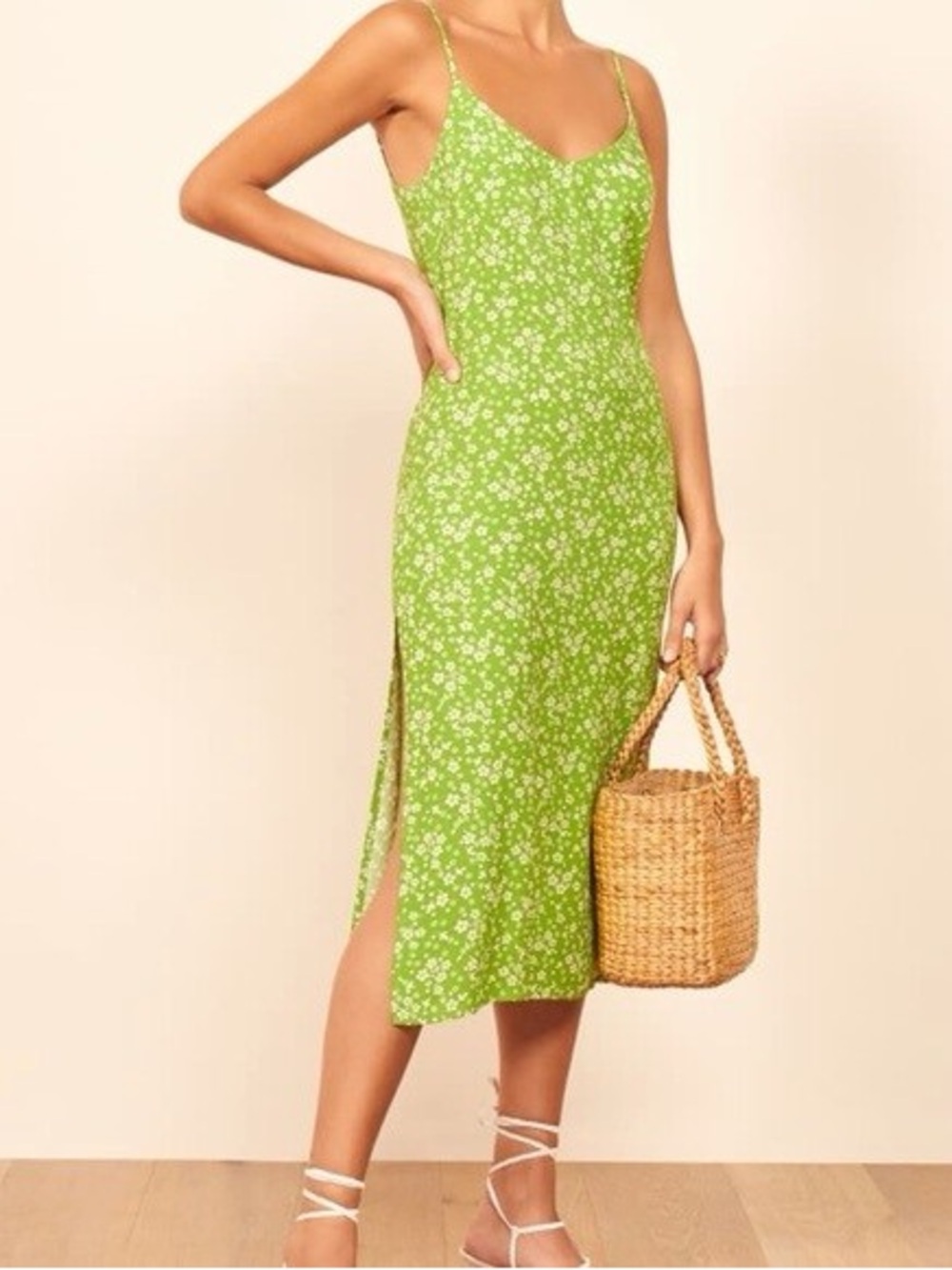Reformation Halston Green Floral Midi Dress